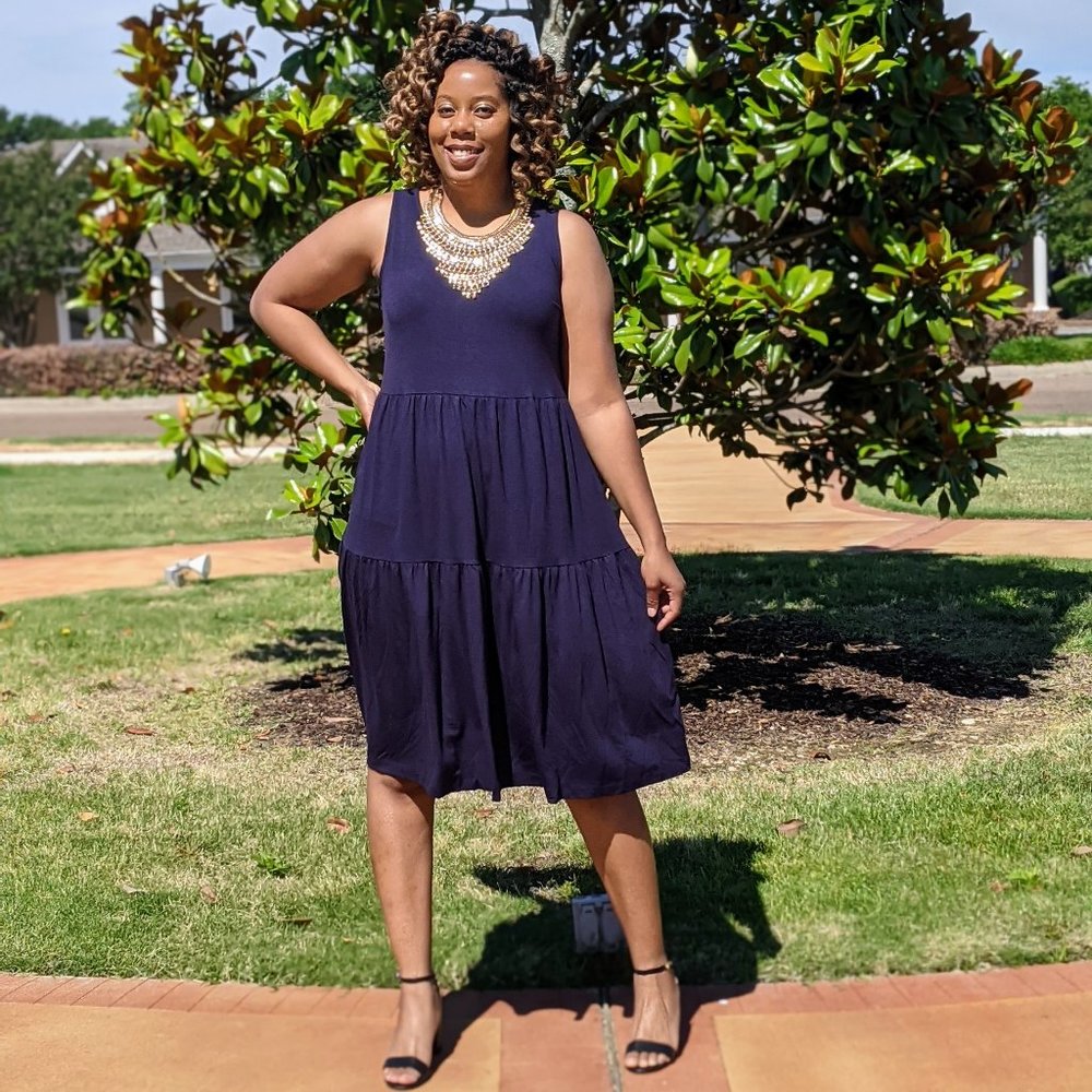 Navy Blue Sleeveless Tiered Midi Dress